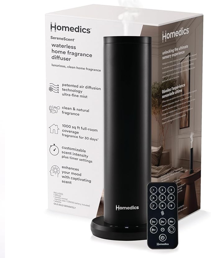 Homedics SereneScent Waterless Essential Oil Diffuser, Home Fragrance Scent Diffuser for Large Rooms, No Water Needed, Patented Air Diffusion Technology, Oil Sold Separately, Black