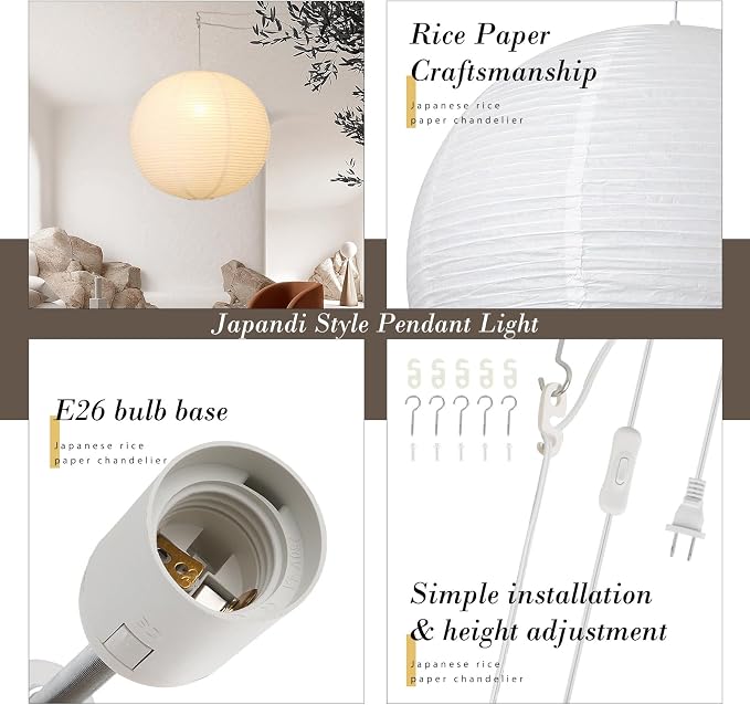 Paper Lantern Lamp Plug in Hanging Lamp 23.6in White Rice Paper Pendant Light with 19.7FT Cord Large Globe Japanese Japandi Wabi Sabi Chandelier for Dining Living Room Bedroom Office 2 Pack
