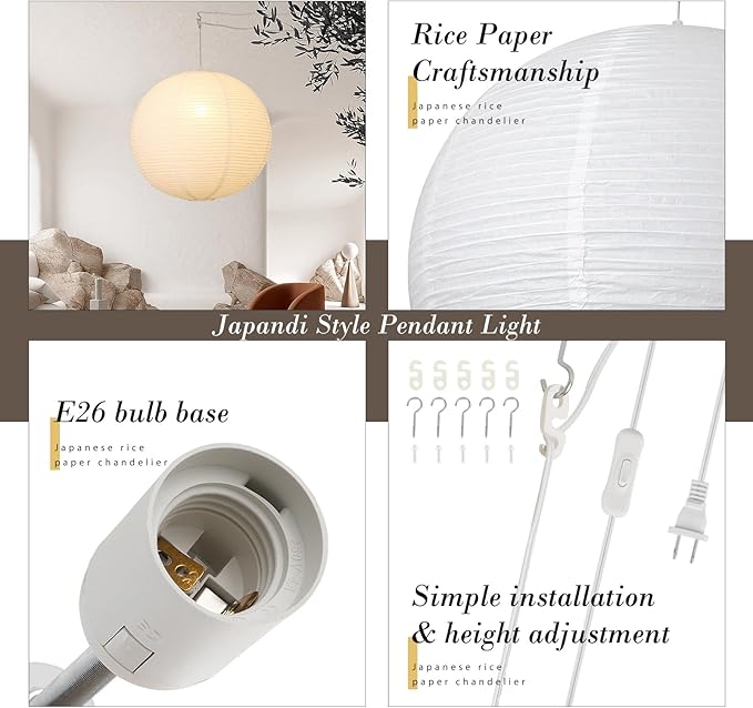Paper Lantern Lamp Plug in Hanging Lamp 23.6in White Rice Paper Pendant Light with 19.7FT Cord Large Globe Japanese Japandi Wabi Sabi Chandelier for Dining Living Room Bedroom Office 1 Pack