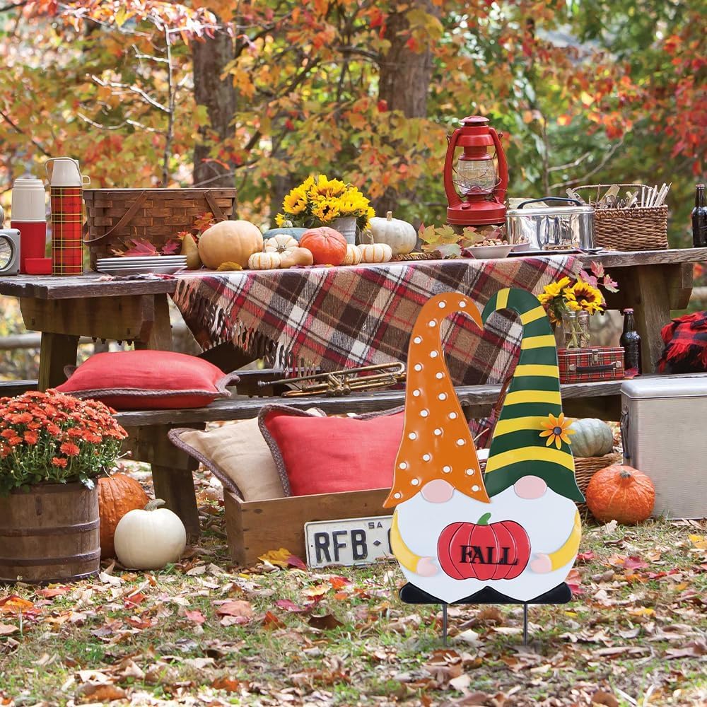 YEAHOME Outdoor Fall Decor, 2 Gnomes Decorative Garden Stake with Pumpkin for Fall Decorations, Autumn Metal Yard Signs for Home Outside Garden Porch Lawn, Thanksgiving Decorations Outdoor (YHMD-478)