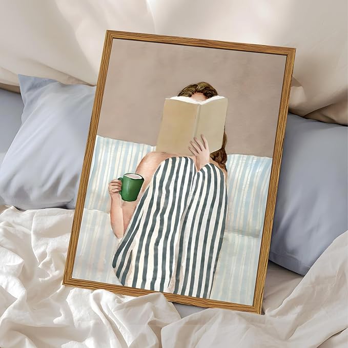 Framed Trendy Preppy Canvas Wall Art, Woman Reading Book with Coffee Pictures Wall Decor Paintings, Blue and White Striped Prints Girly Home Decor for Living Room Bedroom Dorm 12x16 inch