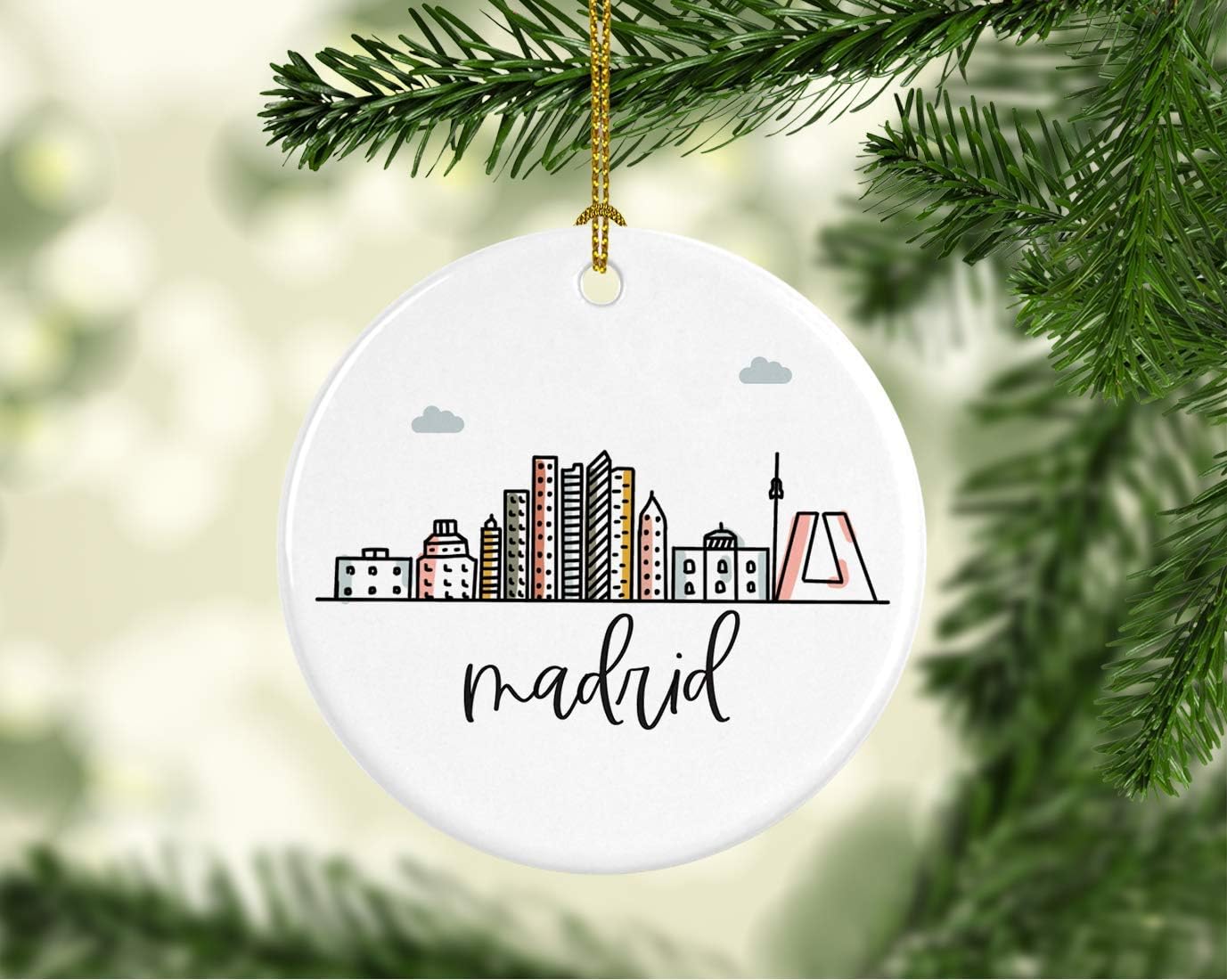Andaz Press Round Ceramic Porcelain Christmas Tree Ornament Keepsake Gift, Madrid, Colorful International City Skyline Graphic, 1-Pack, Birthday Ideas Family Coworker Him Her, Gift Box