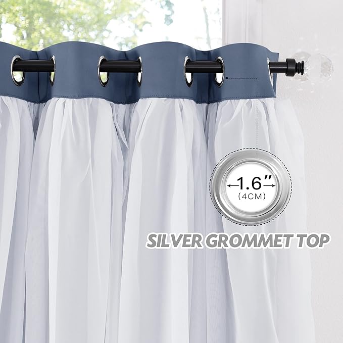 PONY DANCE Double Layer Curtains with Ruffle Sheer Overlay for Whimsical Forest Teen,Shabby Chic Room Darkening Drapes with Tiebacks, 52" Wide x 84" Long, Blue Haze, 2 Panels