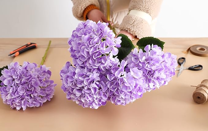 PARTY JOY 5PCS 15.4In Artificial Hydrangea Silk Flowers Bouquet Faux Hydrangea Stems for Wedding Centerpieces Home Decor (Light Purple)