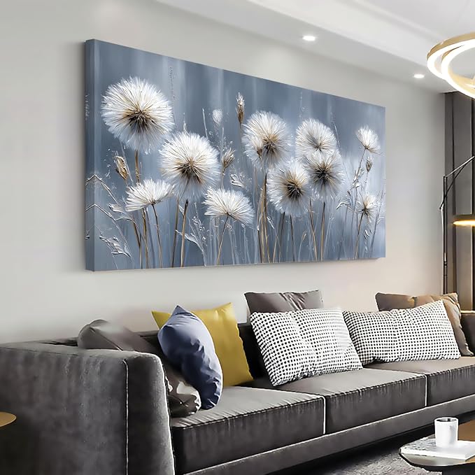 Ggaafet White Dandelion Wall Art for Bedroom Canvas Oil Painting Prints Beautiful Dream Flower Floral Blooming Art Deco Modern Artwork Office Family Dining Room Decor