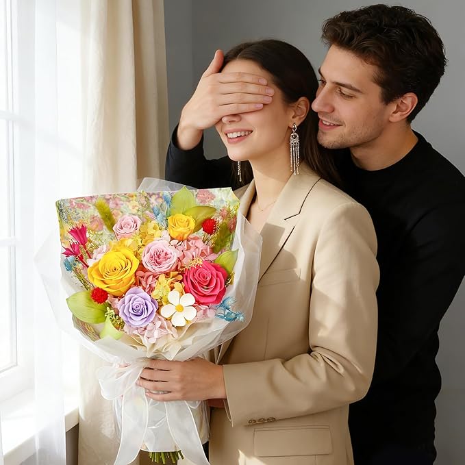 Flowers for Delivery Dopamine Mixed Colors Roses Preserved Flowers Bouquet with Gift Box, Mothers Day Gifts for Mom, Birthday Day Gifts for Women, Wife, Her, Grandma on Valentines Anniversary Proposal
