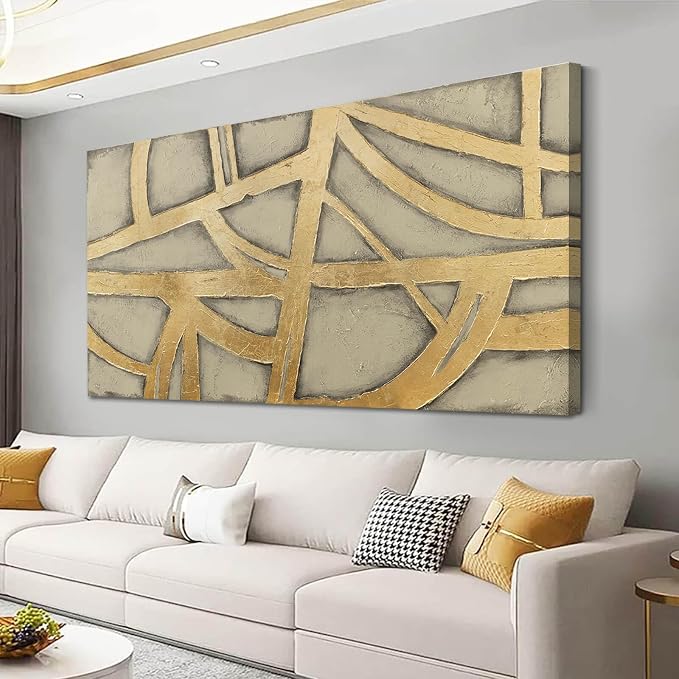 Gold Wall Decor for Living Room Abstract Canvas Wall Art Framed Prints Pictures Large Arts for Office Hotel 29"x58"