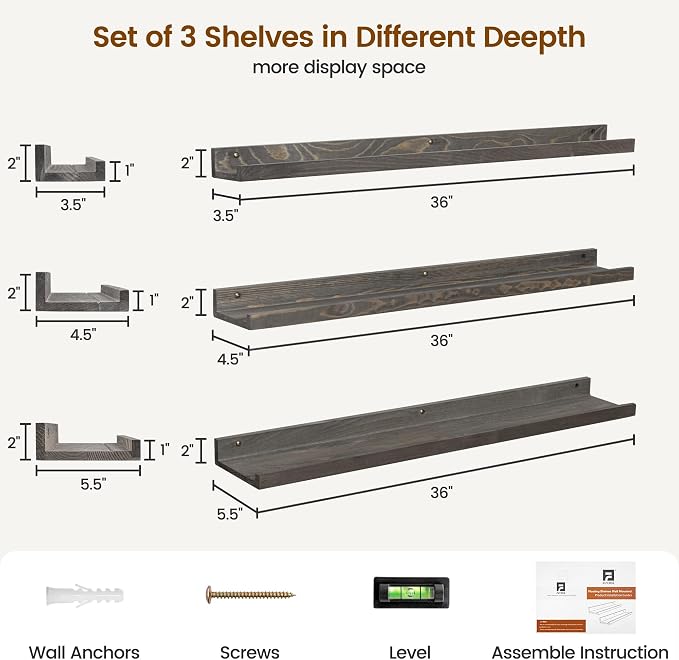 FLYJOE Picture Ledge Wall Shelves - 36 Inch Width Set of 3, Solid Pine Wood Rustic Floating Ledge Shelves for Kids' Room, Bedroom, Kitchen, Bathroom, Living Room, Nursery Display Wall Decor, Grey