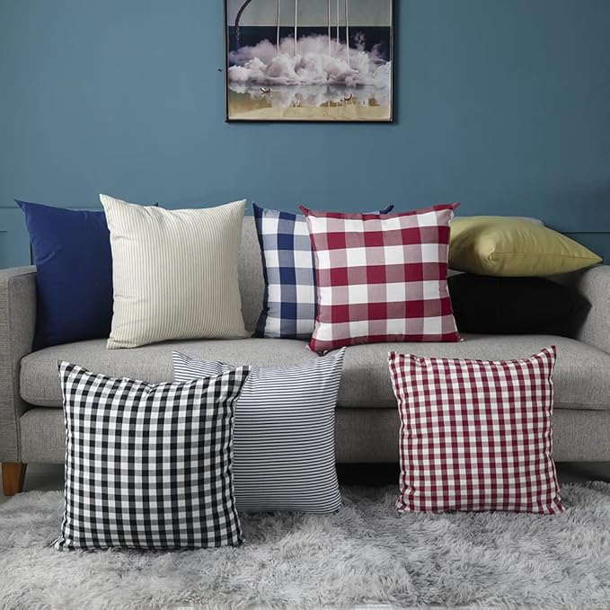 CARRIE HOME Red Plaid Throw Pillow Covers 18 x 18 Set of 2 Burgundy Gingham Pillow Covers 18x18 Christmas Decor for Bedroom