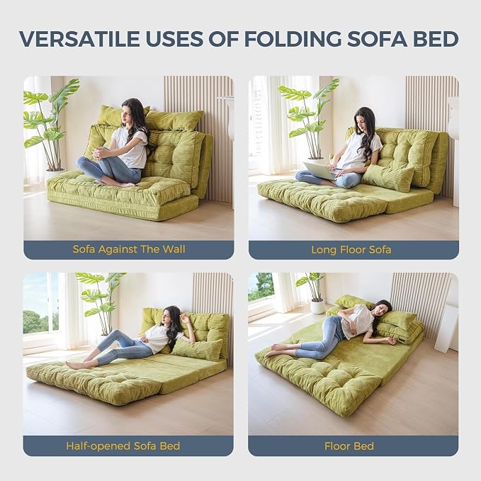 MAXYOYO Folding Sofa Bed, Tufted Bean Bag Bed with Pillows Floor Couch for Adults, Extra Thick and Long Floor Sofa, Full Floor Couch Bed for Bedroom Living Room, Green, 54x91 Inch