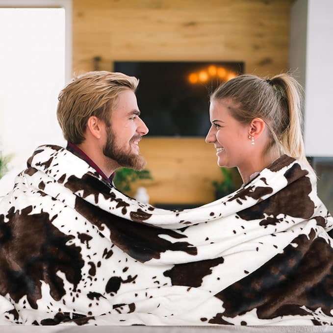Queen Size Blanket for Bed Couch, Oversized Soft Fuzzy Full Size Fleece Blanket for Couples Adults, Cow Print Decoration for Bedroom Living Room, Western Farmhouse Style, 90x90 Inches