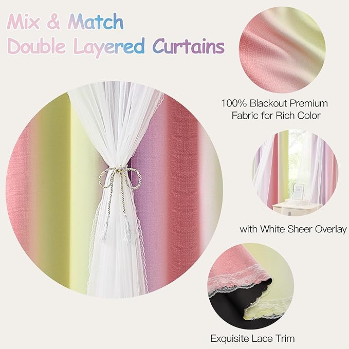 XiDi Blackout Curtains with Sheer Overlay for Girls Bedroom 84 Inches Long 2 Panels Pink Yellow Purple Rainbow Blackout Curtains for Little Girl Kids Room Decor Living Room Grommet Drapes 52x84