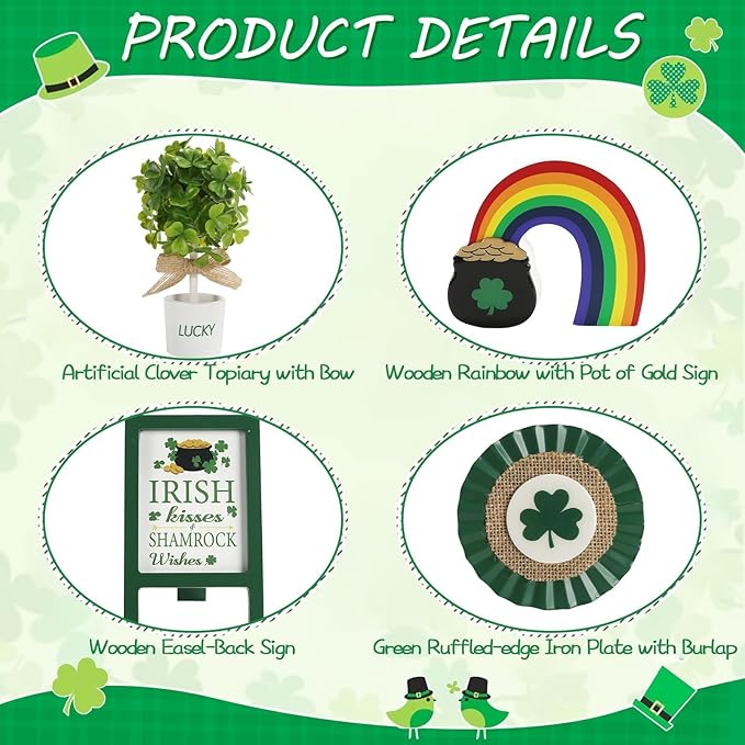 St Patrick's Day Decoration 8 PCS Tiered Tray Decor Set, Cute Tabletop Saint Patty's Day Décor for Home Shelf Mantel Office Table Coffee Bar Leprechaun Gnome Shamrock Irish Tray Objects
