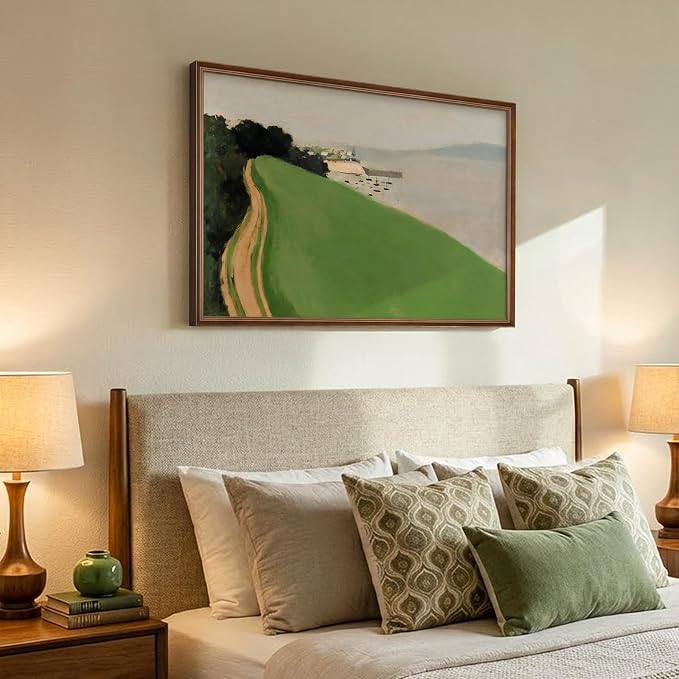 Vintage Framed Green Abstract Landscape Wall Art, Modern Minimalist Coastal Canvas Paintings Artwork for Walls, Rustic Nature Pictures for Living Room Bedroom Dining Room Office Wall Decor, 24x36 In