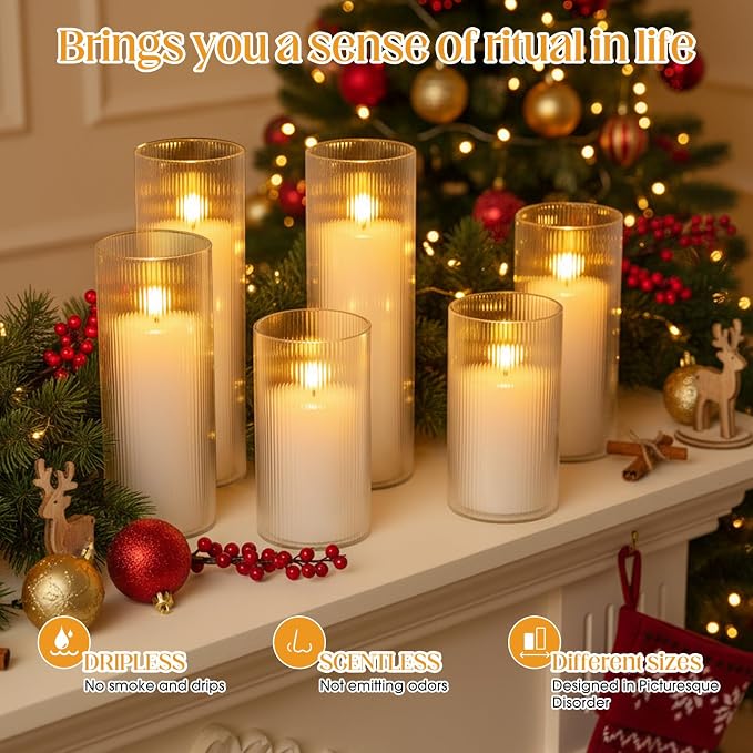 12 Pcs Wedding Pillar Candles and Ribbed Glass Candle Holder Vases Tall Cylinder Holders for Pillar Candle Clear Ribbed Bud Vase for Wedding Table Centerpiece, Total 6 Sets