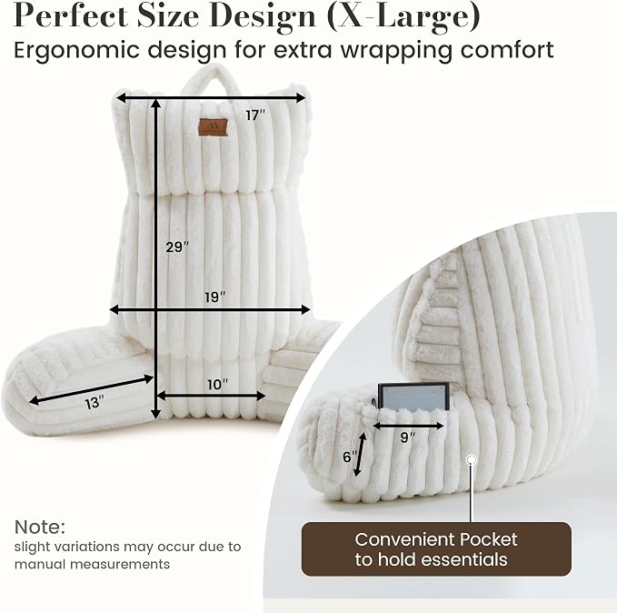 Amélie Home Faux Fur Reading Pillow with Pocket for Sitting in Bed, Adult Backrest Bed Pillow with Washable Cover for Lounging, Watching TV/Gaming/Resting/Post/Surgery/Nursing, Ivory, 29 inches