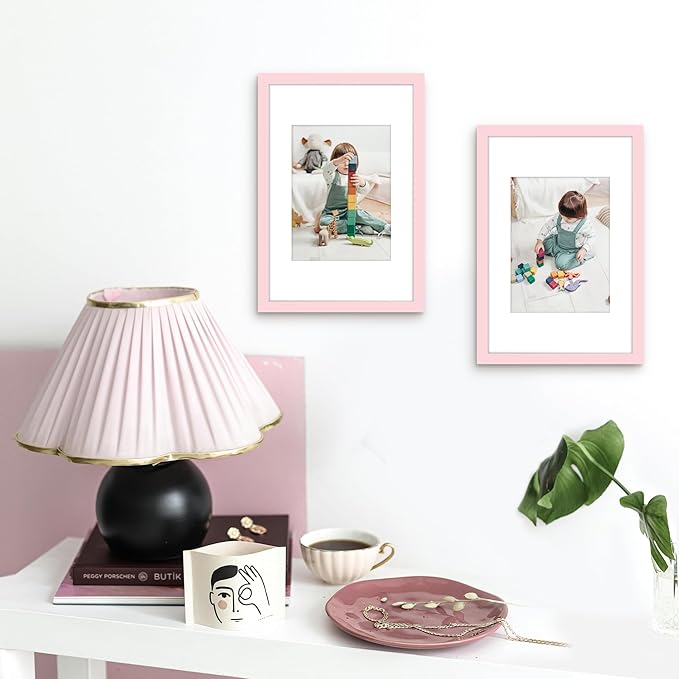 Picrit 8x12 Picture Frame Set of 12, Display 6x8 with Mat or 8x12 without Mat, Photo Frames for Wall Mounting or Table Top Display, Pink