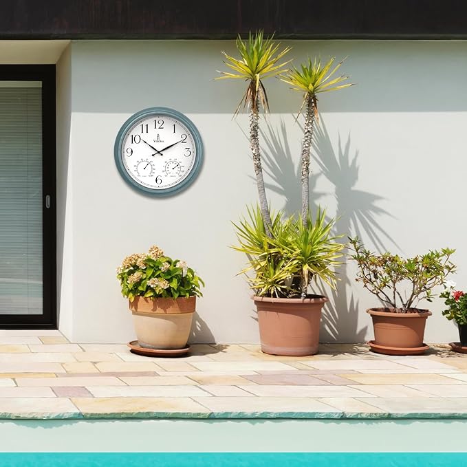 18 inch Outdoor Clocks for Patio Large Waterproof with Thermometer - Teal Blue Outdoor Clock with Temperature and Humidity for Wall - Weatherproof, Accurate & Easy to Read for Pool, Patio & Garden
