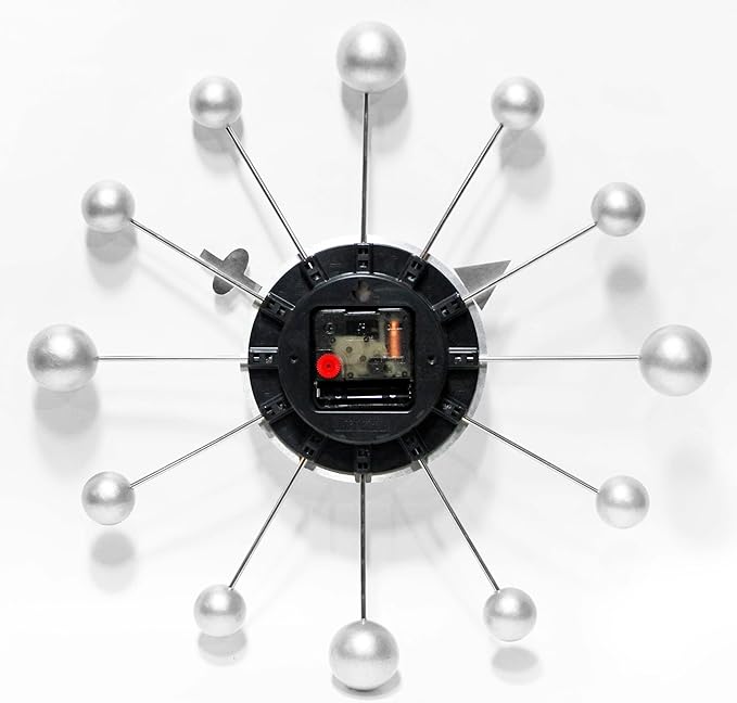 Infinity Instruments Orb Spoke Midcentury Modern 15 inch Retro Starburst Ball Wall Clock Quiet Quartz Movement Mid Century Modern Decorative (Silver)