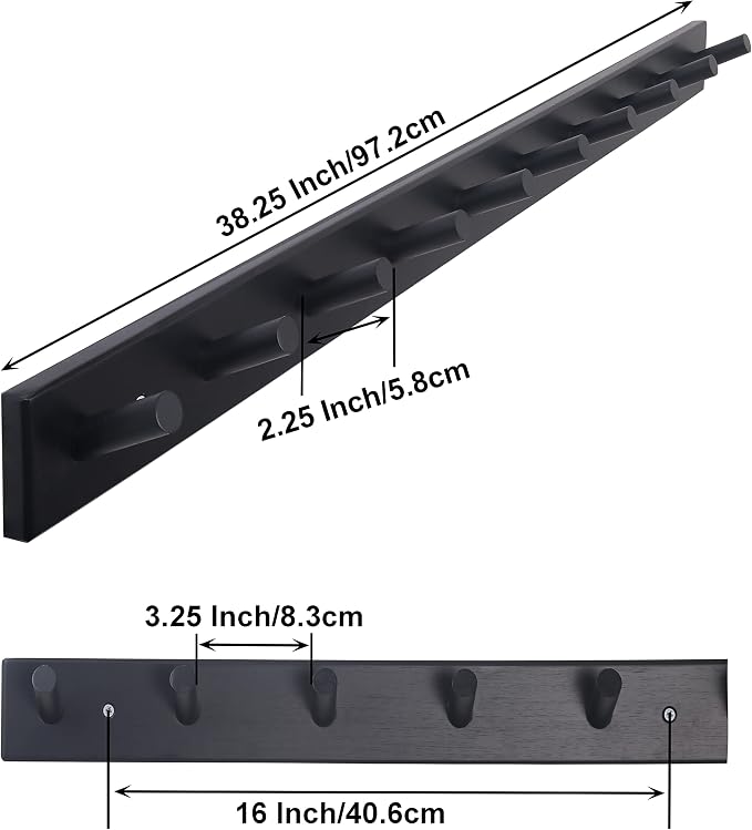 SKOLOO Wood Coat Rack Wall Mounted,10 Peg Long Bamboo Hook for Hanging Backpack Coat Towel Hat,16'' Hole to Hole,Black