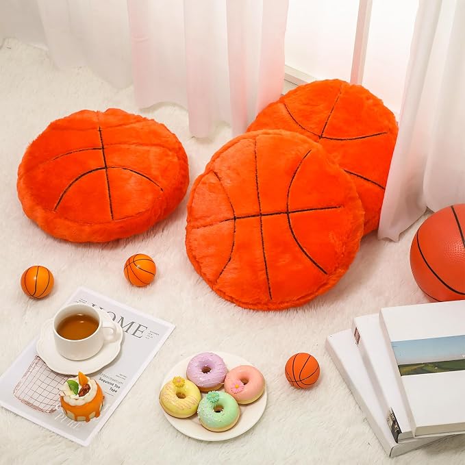Gerrii 4 Pcs Sports Throw Pillows Basketball Softball Football Soccer Volleyball Tennis Pillow Fluffy Stuffed Plush Cushion Gift for Senior Night Home Bedroom Decor Birthday Present(Basketball)