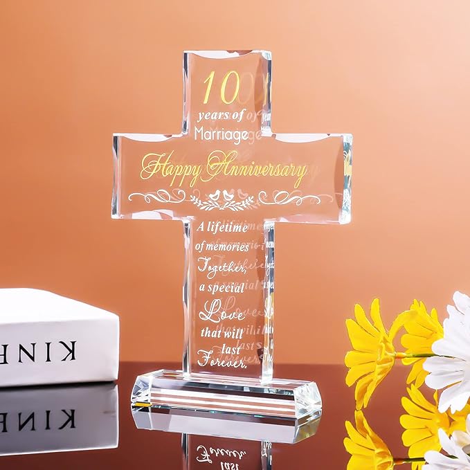 YWHL Happy 10 Year Anniversary Glass Cross Gifts for Wife, 10th Wedding Anniversary Religious Gifts for Couple, Home Party Decoration