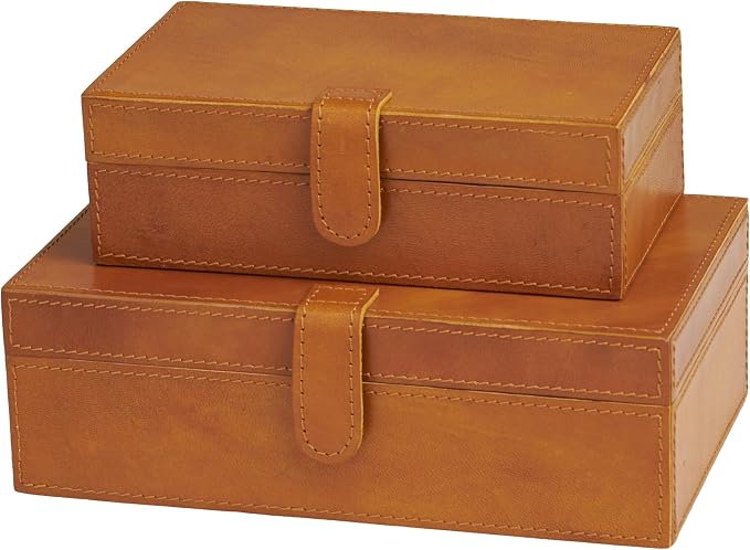 Deco 79 Leather Handmade Decorative Box Storage Decorative Keepsake Boxes with Snap Front Closure and Detailed Stitching, Set of 2 Storage Boxes 10", 8"W, Brown