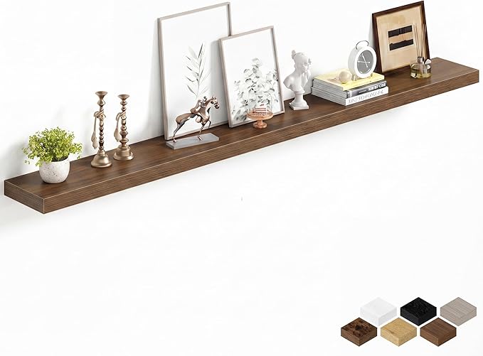 Fun Memories 72Inch Long Floating Shelves, 8 Inch Deep Shelves for Bedroom|Living Room, Wall Mounted Wood Hanging Shelf with Invisible Brackets for Fireplace Mantel Home Storage Decor, Walnut - 1 Pack