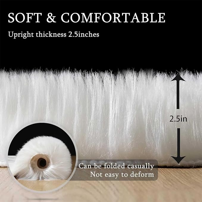 Faux Fur Rug Fluffy Sheepskin Area Rug,Ultra Soft Shaggy Plush Rug Bedroom Living Room Sofa Floor Kids Room Bedside（3 x 3 ft Round White）