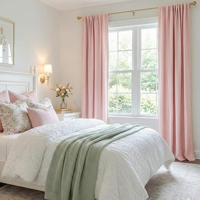 100% Blackout Shield Linen Blackout Curtains for Bedroom 102Inches Long, Back Tab/Rod Pocket Living Room Drapes, Thermal Insulated Blackout Curtains 2 Panels Set, 50" W x 102" L,Baby Pink