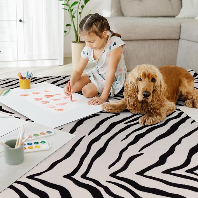 YIHOUSE Washable Area Rugs 5'x7', Black and Beige Modern Zebra Rug for Living Room, Bedroom, Ultra Thin Animal Stripe Print Rug for Girls Boys Nursery, Playroom, Dorm Room
