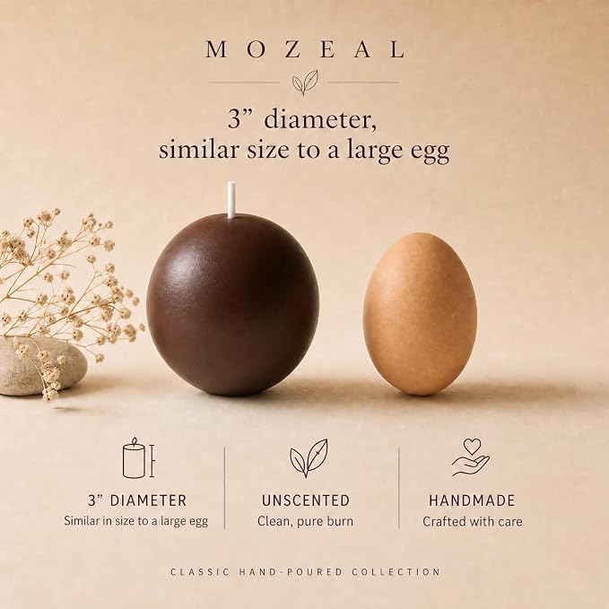 MOZEAL Hand-Poured, 3 Inch Brown Round Ball Candles - Elegant Brown Round Pillar Candles Set of 3, Dripless, Unscented, Smokeless, Ideal for Autumn Gatherings.
