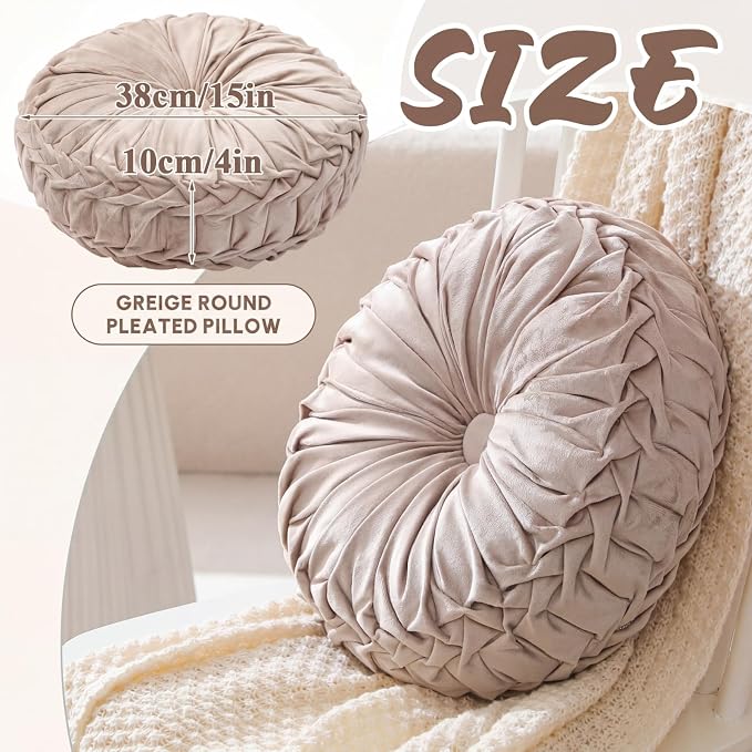 Drydiet 1 Pcs Round Throw Velvet Pillows Decorative Pleated Throw Pillows Diameter Accent Pumpkin Boho Chair Cushion for Couch Sofa Home Decoration (Greige,15'')