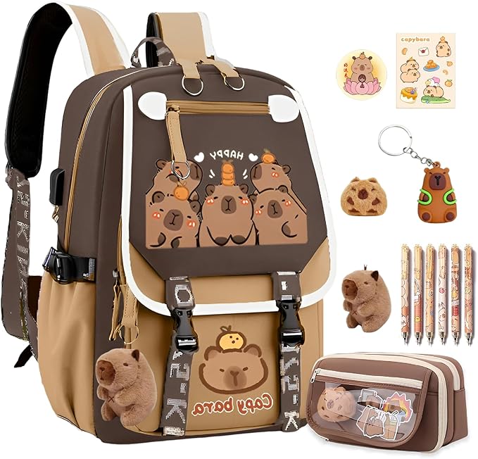 Waterproof Capybara Backpack，Large-capacity Kawaii capybara bag with 11-Piece Accessories (Badges, Pendants, Plush capybara, Stickers and others)