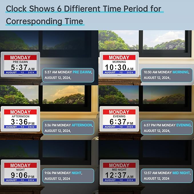 Soobest Dementia Digital Clock for Seniors Elderly, 20 Alarm Reminders 3 Ringtones for Memory Loss Alzheimers, Electric Time Date Day Large Display Calendar Clock, Auto DST, 1024 * 600P HD