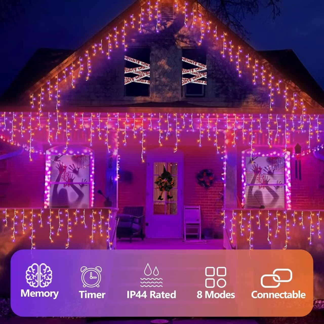 QITONG Orange and Purple Halloween Lights Outdoor, 33ft 400 LED Icicle Light Indoor Plug in, 8 Modes Connectable String Lights with 80 Drops