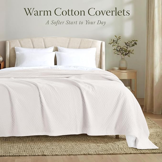 Threadmill Luxury Cotton Blankets for Queen Size Bed | All-Season 100% Cotton Queen Size Blanket | Aster Jacquard Cozy Lightweight, Soft Breathable Coverlet fits Full Size Bed, 90x92 | Vanilla Cream