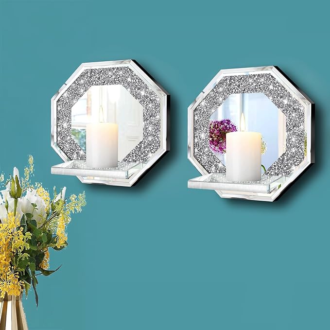 ZOLAPI Crystal Crush Diamond Wall Candle Holder Set of 2, Octagon Silver Mirrored Candle Sconces, Home Wall Decoration for Living Room, Dining Room & Bedroom.
