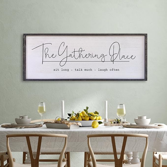 Surfapans Dining Room Wall Decor The Gathering Place Sign 40"x15" Family Gather Vintage Wood Framed Rustic Farmhouse Simple And Rustic for Friends Reunions Large Horizontal Hanging Art (Black)