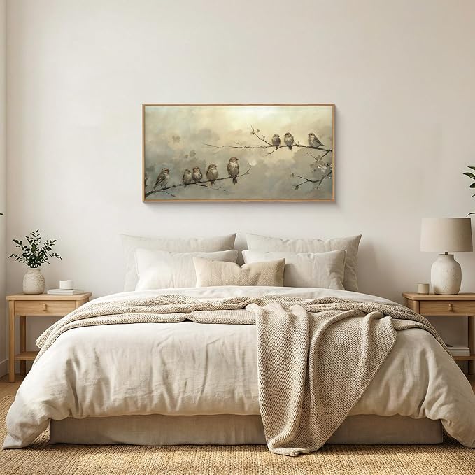 LHIUEM Large Cute Birds Framed Canvas Wall Art,Antique Sparrow Branch Wall Decor,Vintage Farmhouse Painting,Retro Natural Landscape Artwork for Living Room,Bedroom,Dining Room,Office -20"x40"x1