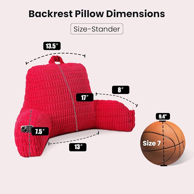 Reading Pillow for Sitting in Bed with Arm,Red Corduroy,M | Sitting Pillow for Teens Back Support,17" Backrest Pillow Supports Reading,Gaming & Relaxing in Bed,Couch,or Floor