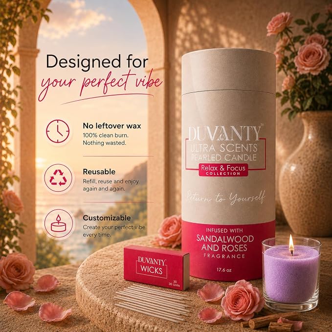 Relax & Focus Pearled Candle Sand with Wicks – Sandalwood & Roses Scented Candle for Elegant Home Ambiance, Decorative Wax Beads & Cozy Evening Rituals, 17.6 oz