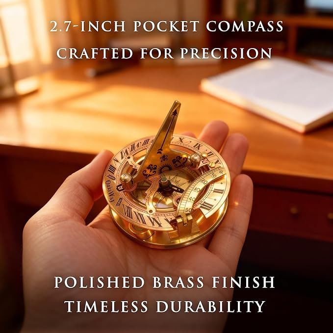 OakiWay Brass Sundial Compass in Leather Case - Nautical Gifts for Men, Antique Sailing Anniversary Gadget for Him, Unusual Unique Nautical Decor, Naval Maritime Pocket Watch Clock (2.7" Inch)