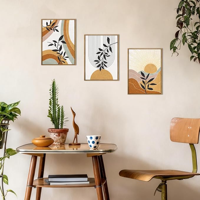 BINCUE Boho Line Wall Art Abstract Plants Wall Decor Mid Century Modern Artwork Framed Boho Abstract Paintings Orange Abstract Wall Pictures Orange Art Prints for Living Room Bedroom Office Farmhouse 12"x16" Set of 3