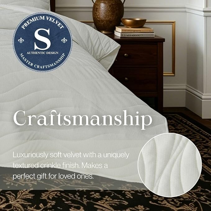 DOWN HOME Crinkle Textured Velvet Quilt Set with Shams, All-Season Luxury Modern Bedding,Easy Care Comforter,Ultra-Soft,Lightweight & Breathable, King, Throne White