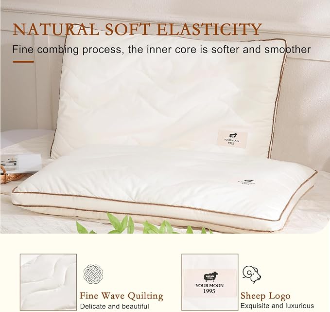 YOUR MOON Natural Wool Pillow King Size Set of 2, Flat & Thin Wool Pillow for Sleeping, Low-Loft Bed Pillows for Back and Stomach Sleepers, Breathable Cotton Cover(Off White)