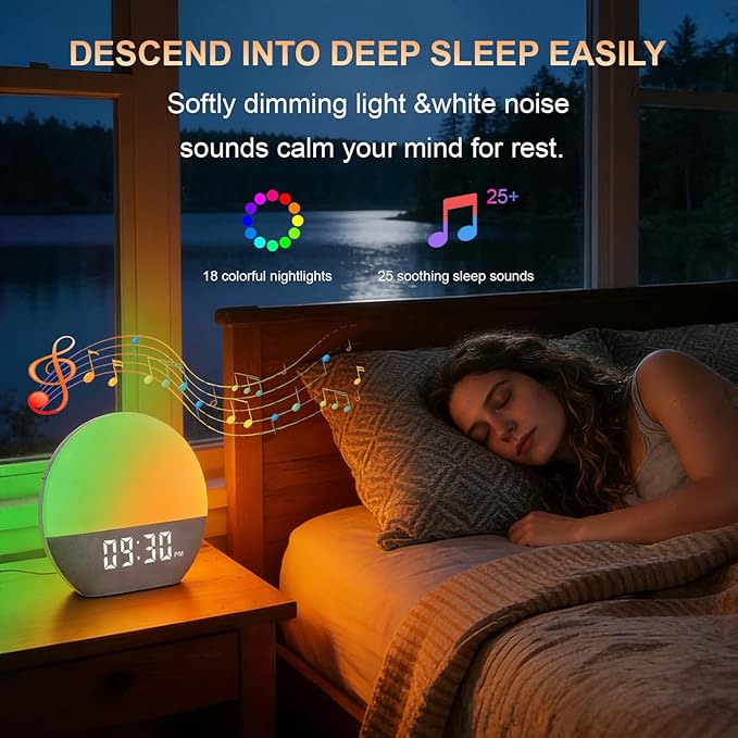 winshine Sunrise Alarm Clock with White Noise Sound Machine for Bedrooms,Sleep Sound Machine for Heavy Sleepers, with Wake Up Light,24 Sounds, FM Radio, Bluetooth Speaker, Night Light Clock for Adults