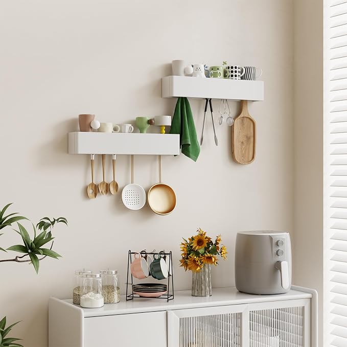CycleCrew Solid Wood Wall Mounted Coat Rack with Shelf Hooks - Modern Floating Shelves with 5 Hidden Hooks, Heavy Duty Entryway Coat Key Holder Hanger for Hallway Bathroom Bedroom Home Decor