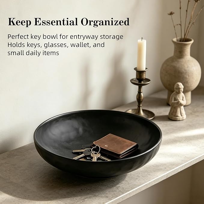salomayes Wabi-Sabi Decorative Bowl, Matte Black Ceramic | Subtle Hammered Texture, Natural Speckled Finish, Handmade, Catchall for Entryway Table