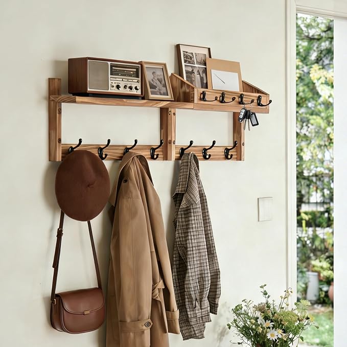 29" Coat Rack Wall Mount with Shelf, 4 in 1 Wall Mounted Coat and Key Hanger with 11 Hooks, Entryway Key Holder with Mail Holder for Living Room, Bedroom
